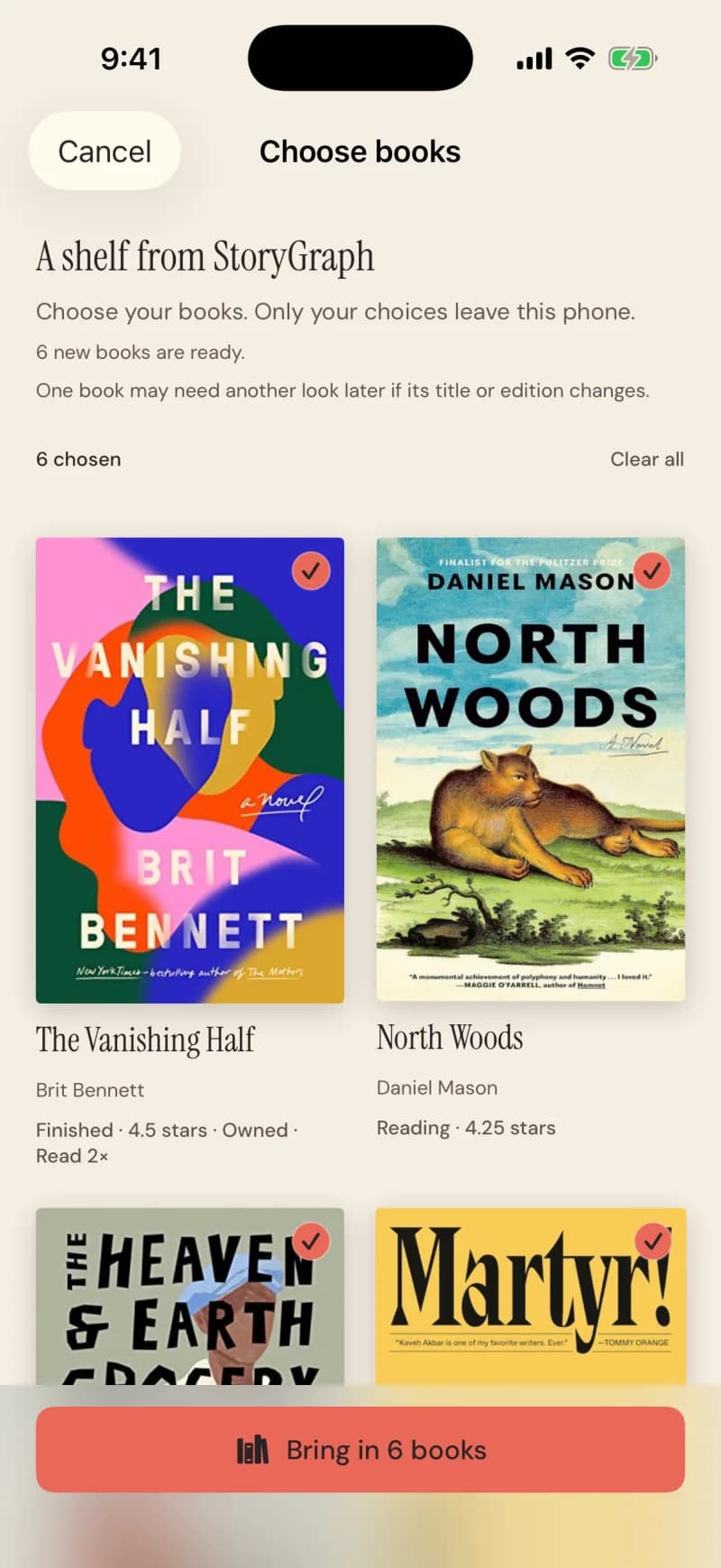 Bring in books: a shelf from StoryGraph with six books chosen