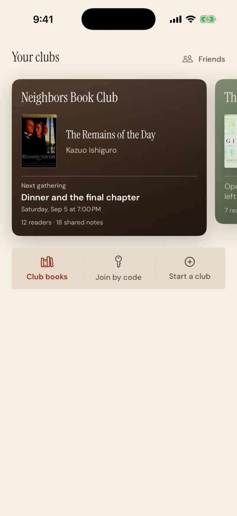 Clubs: Neighbors Book Club, the current book, the next meeting