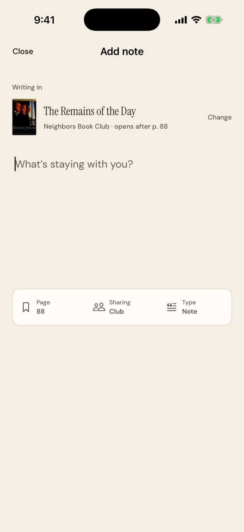 Add note: what is staying with you, with the page, the sharing choice and the note type folded away