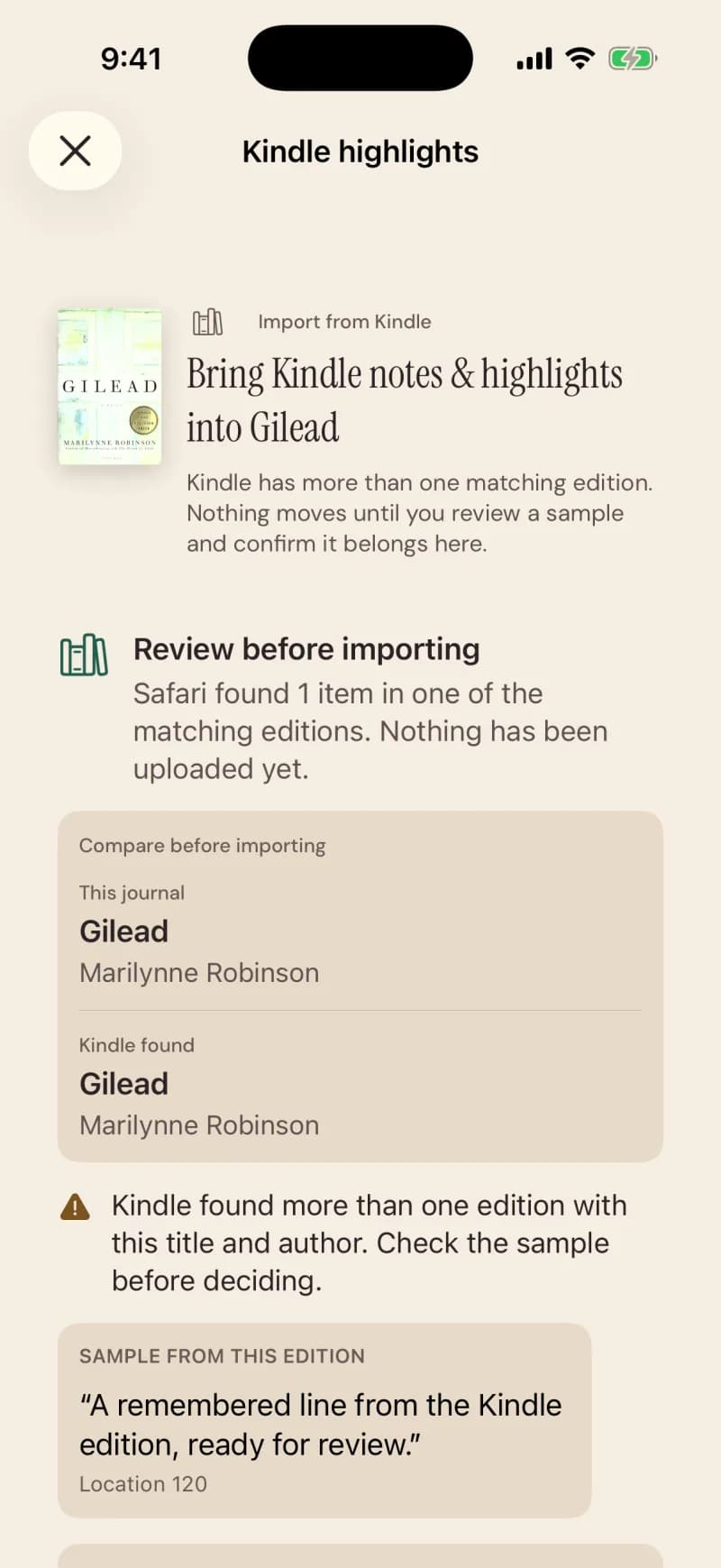 Kindle highlights, stopped before importing: Kindle has more than one matching edition, nothing moves until you review a sample and confirm it belongs here