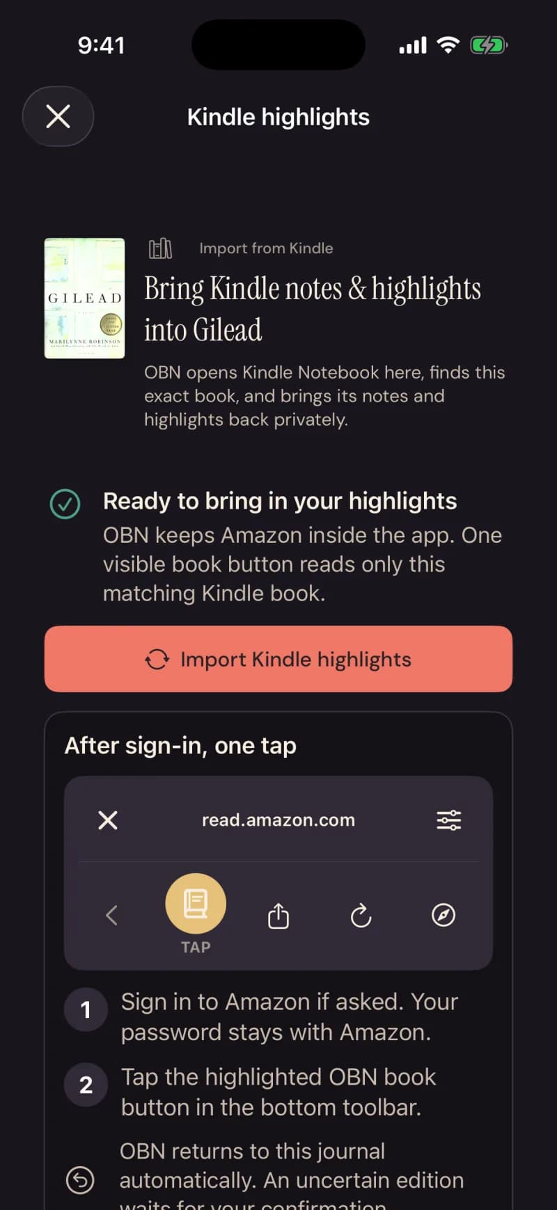 Kindle highlights, inside the app: Bring Kindle notes and highlights into Gilead, Import Kindle highlights, and the one-tap coach for after sign-in