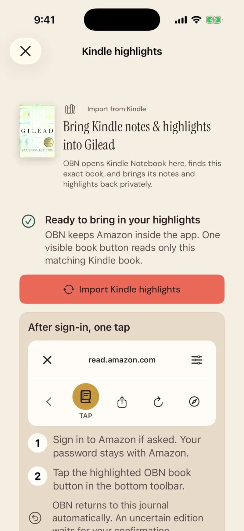 Kindle highlights: bring Kindle notes and highlights into this book, one tap after sign-in