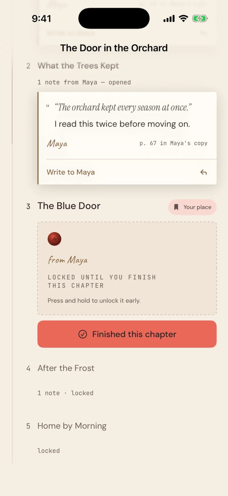 A reflection on iPhone: Maya’s note waiting at your chapter, locked until you finish it, and the Finished this chapter button