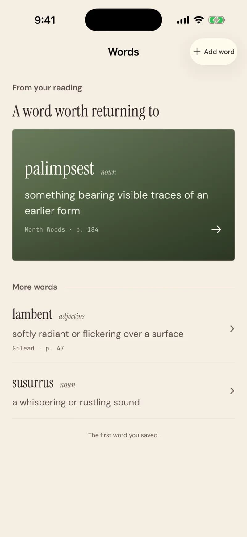 Words: a word worth returning to, its meaning, and where you found it